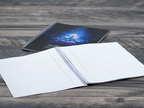Custom-printed notebook lying open